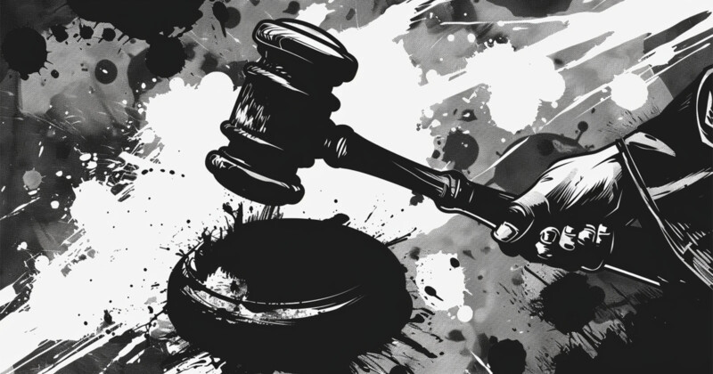 black and white illustration of a gavel being hit 