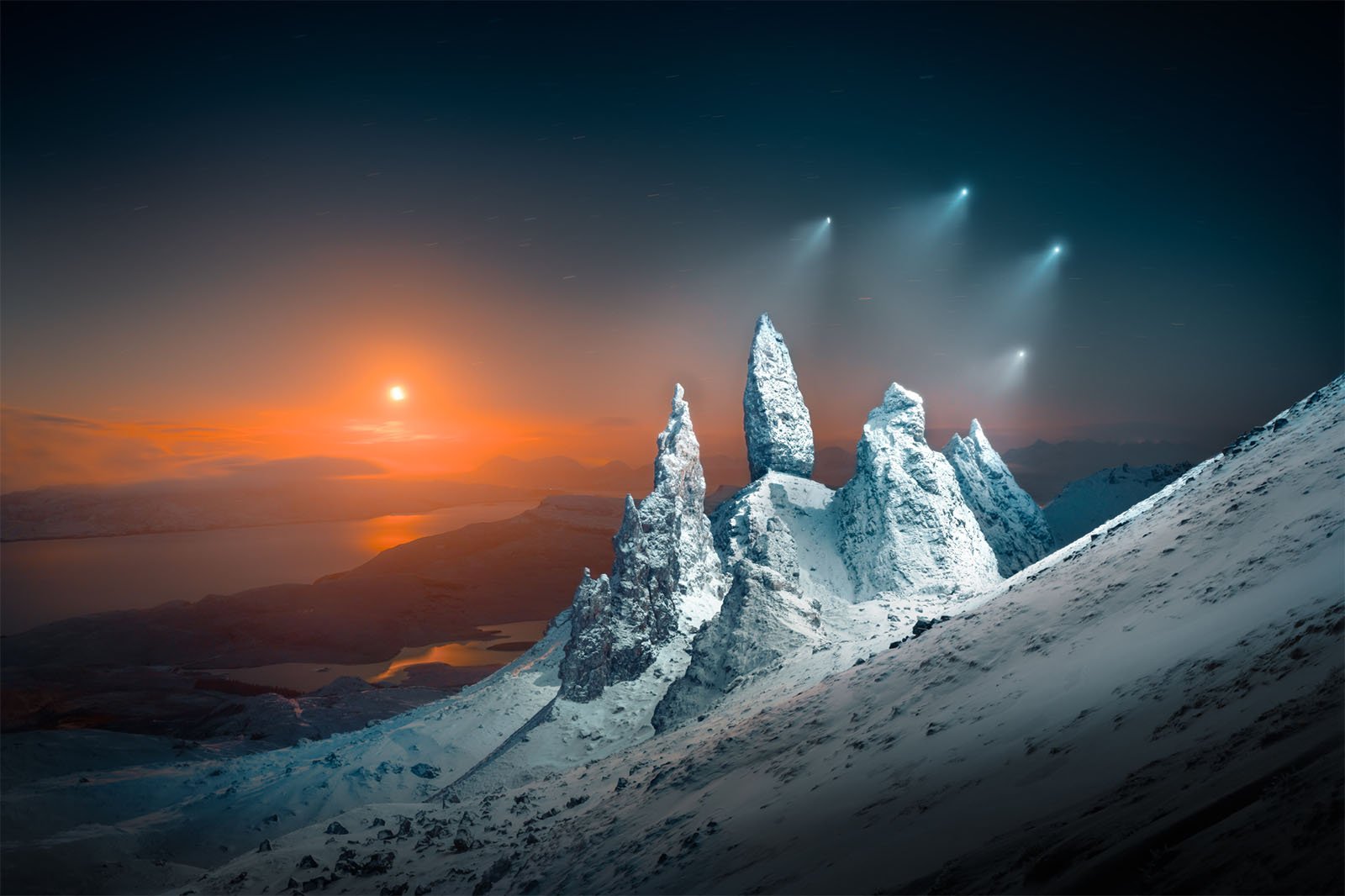A stunning landscape featuring sharp, snowy mountain peaks under a night sky with a bright orange sun setting on the horizon and three comets streaking through the sky above a serene lake.
