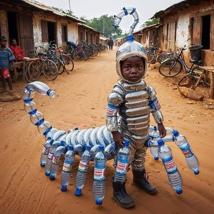 A young boy in a costume made from recycled water bottles, designed to look like a space suit and a scorpion, stands in a dusty street lined with bicycles and buildings.