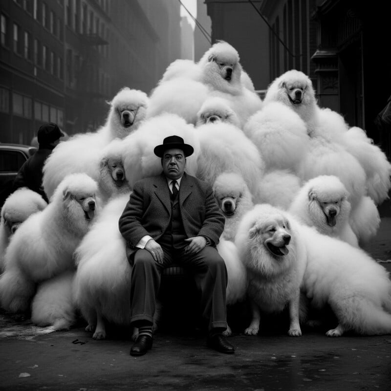 Black and white photo of a man in a suit and hat sitting amidst a group of large, fluffy white poodles on a city street.