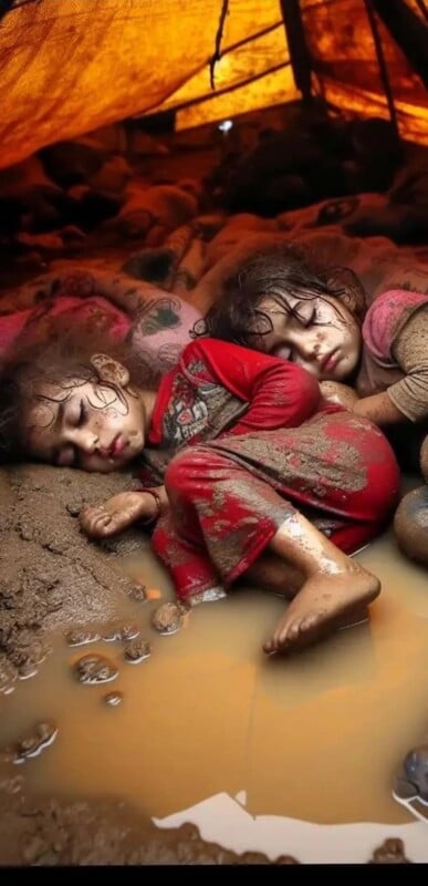 Two children are sleeping on dirt ground inside a dimly-lit tent, covered in mud. they appear exhausted, and the ambiance suggests a challenging living environment.