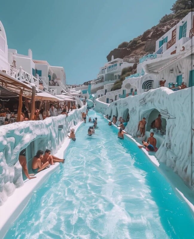 A vibrant and bustling pool scene at a resort with characteristic white and turquoise architecture, reminiscent of a Mediterranean island, filled with people enjoying sunny weather.