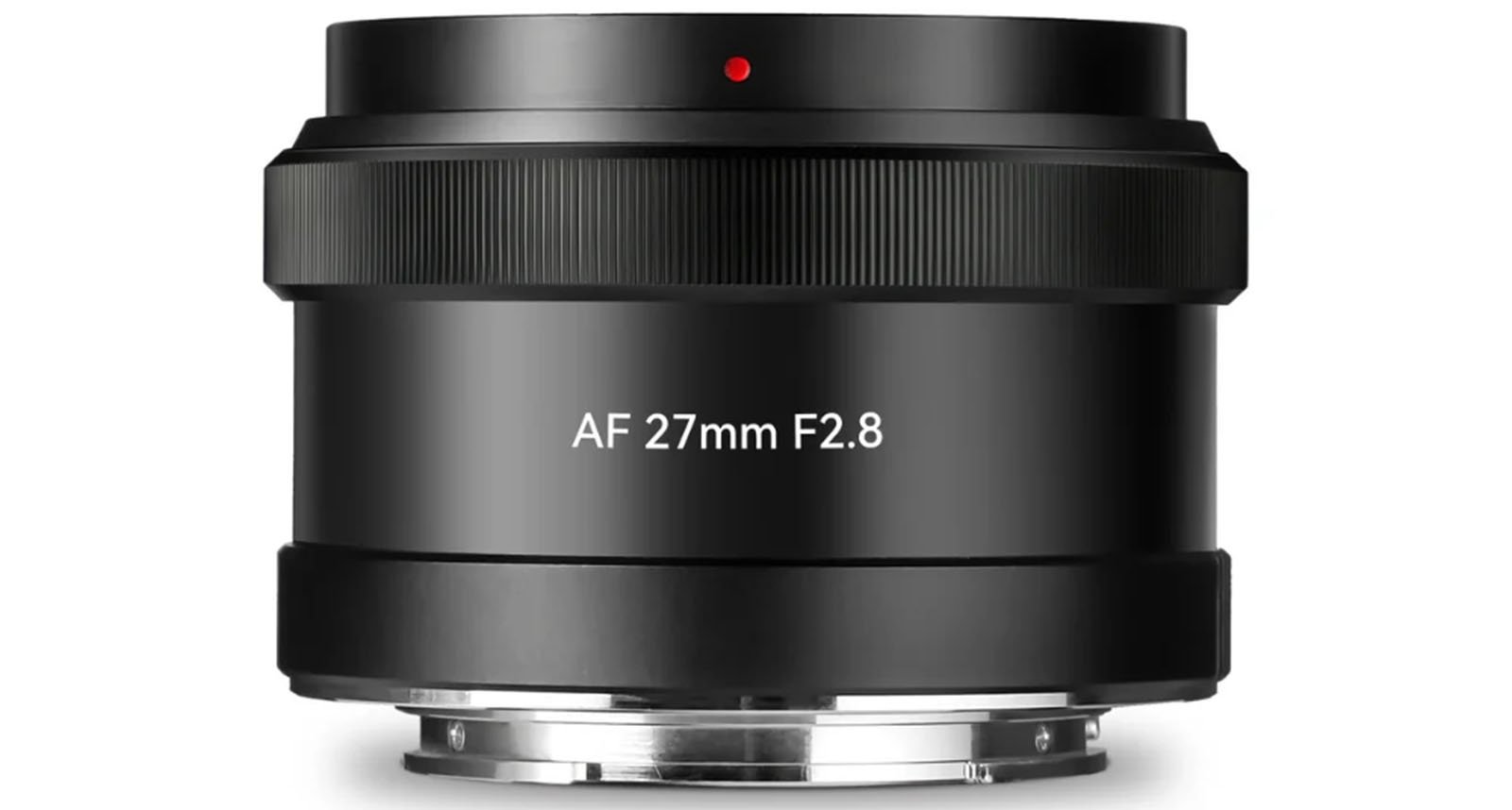 A close-up view of a black af 27mm f2.8 camera lens isolated on a white background, focusing on the lens details and markings.