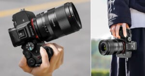A split image showing two hands holding professional cameras. the left side features a camera with a large telephoto lens, and the right side shows a camera with a smaller lens, held by a person in a blue jacket.