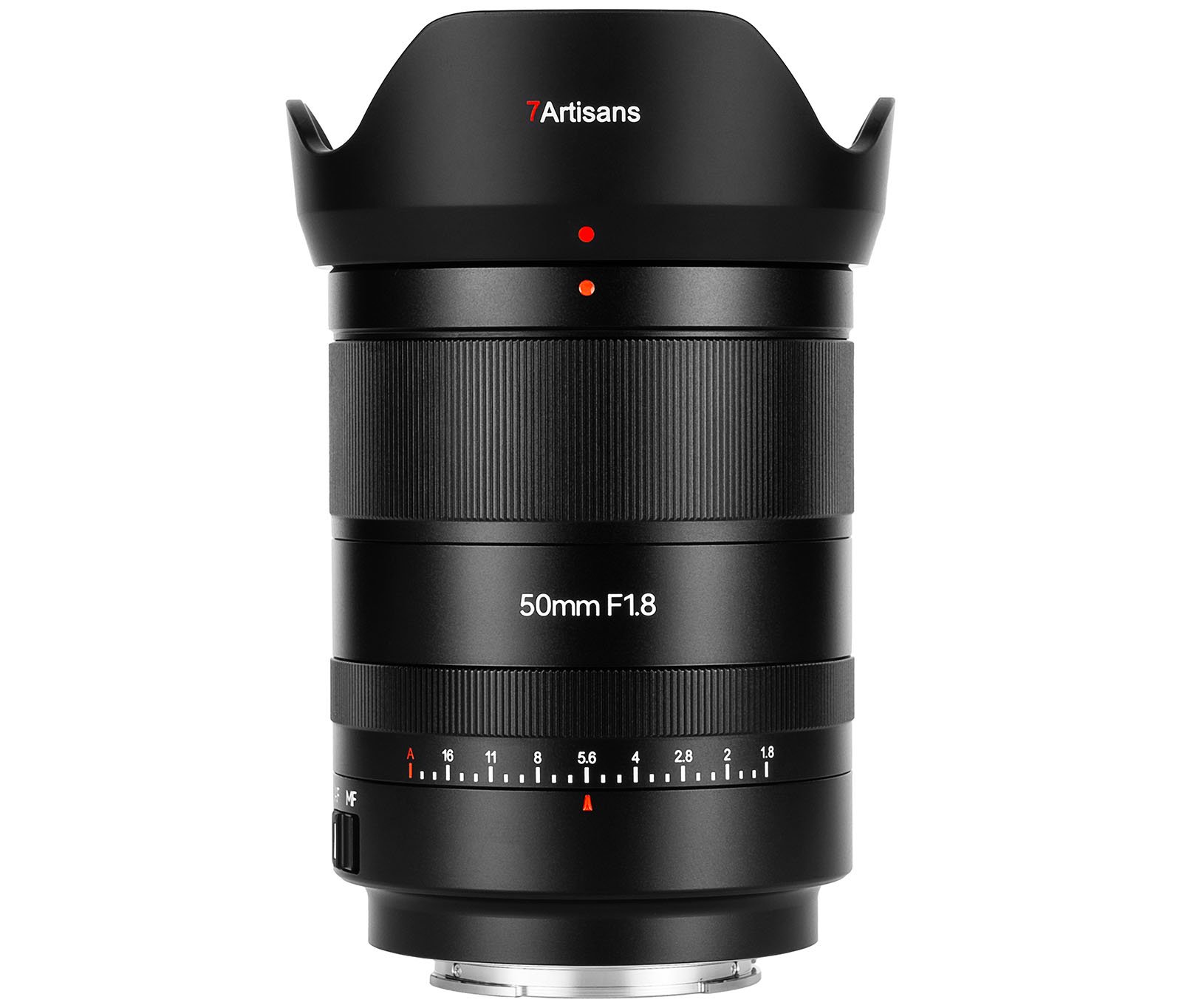 A 7artisans 50mm f1.8 lens for cameras, shown from the front with a focus on its details and settings, featuring a black body and a large hood.