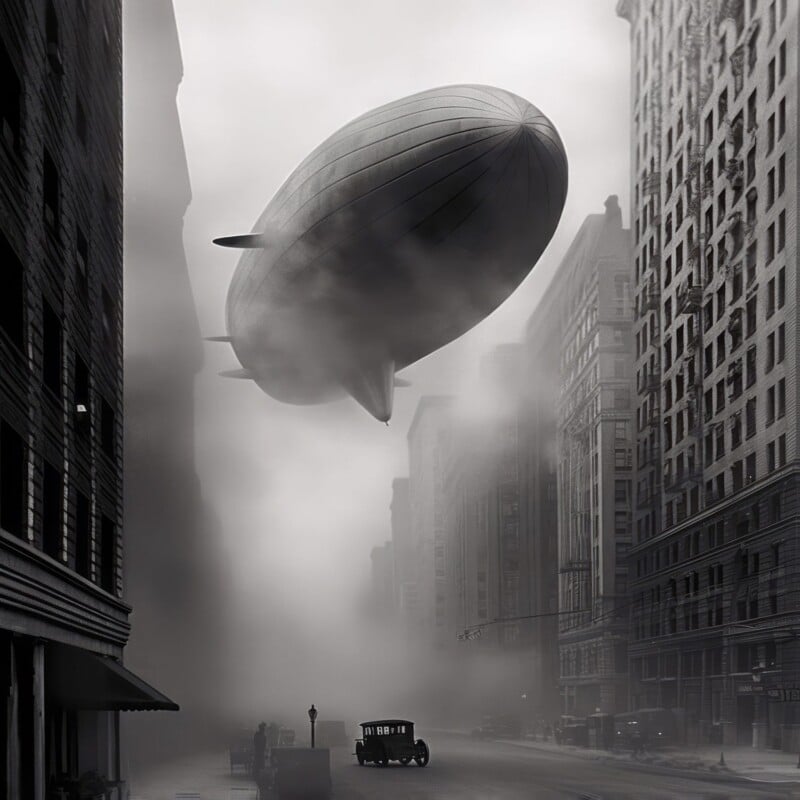A monochrome image featuring a large dirigible looming over a misty, early 20th-century city street lined with tall buildings. an old-fashioned car drives below as tiny figures walk along the sidewalks.