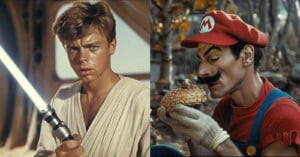 Split screen image featuring a young man holding a lightsaber on the left and a man dressed as mario eating a hamburger on the right. both are depicted in vibrant, thematic settings.