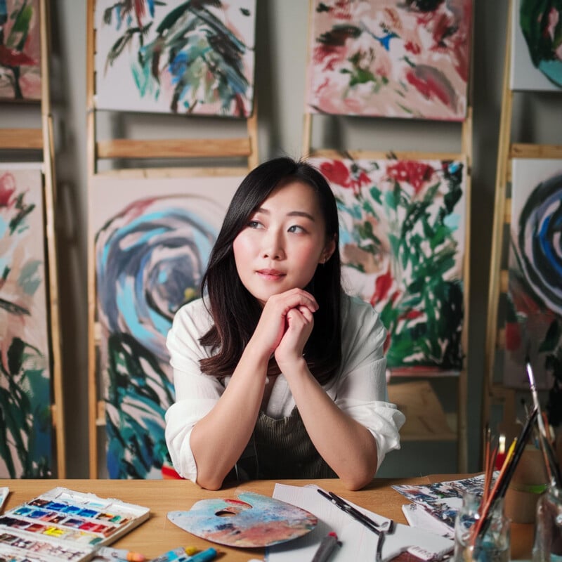 A young asian woman sitting thoughtfully in an art studio surrounded by vibrant floral paintings and painting supplies, resting her chin on her hand.