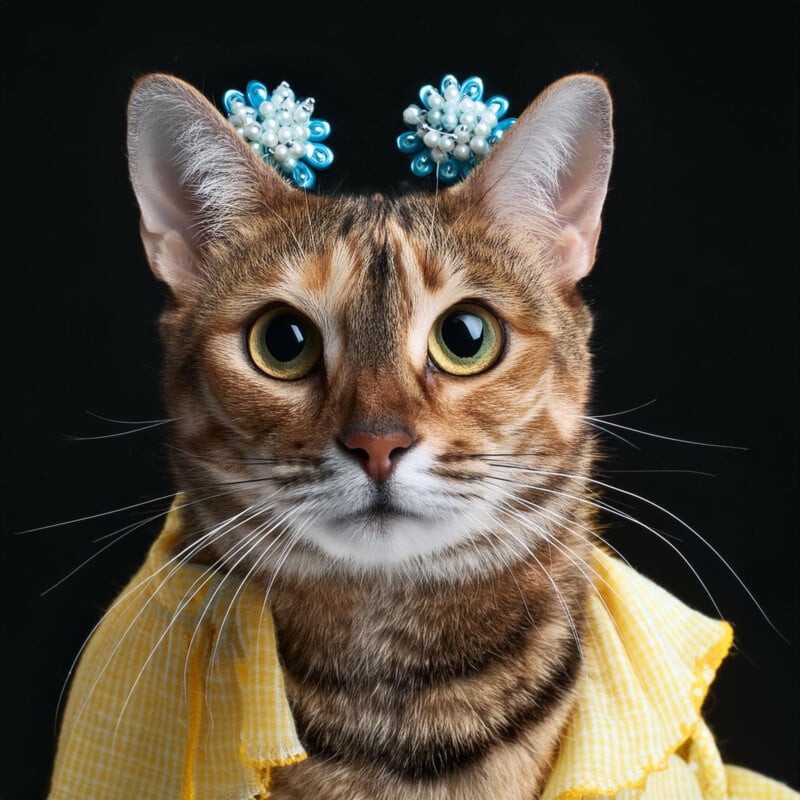 A close-up portrait of a tabby cat with striking amber eyes, adorned with blue beaded hair clips on its ears, wearing a yellow ruffled collar against a black background.