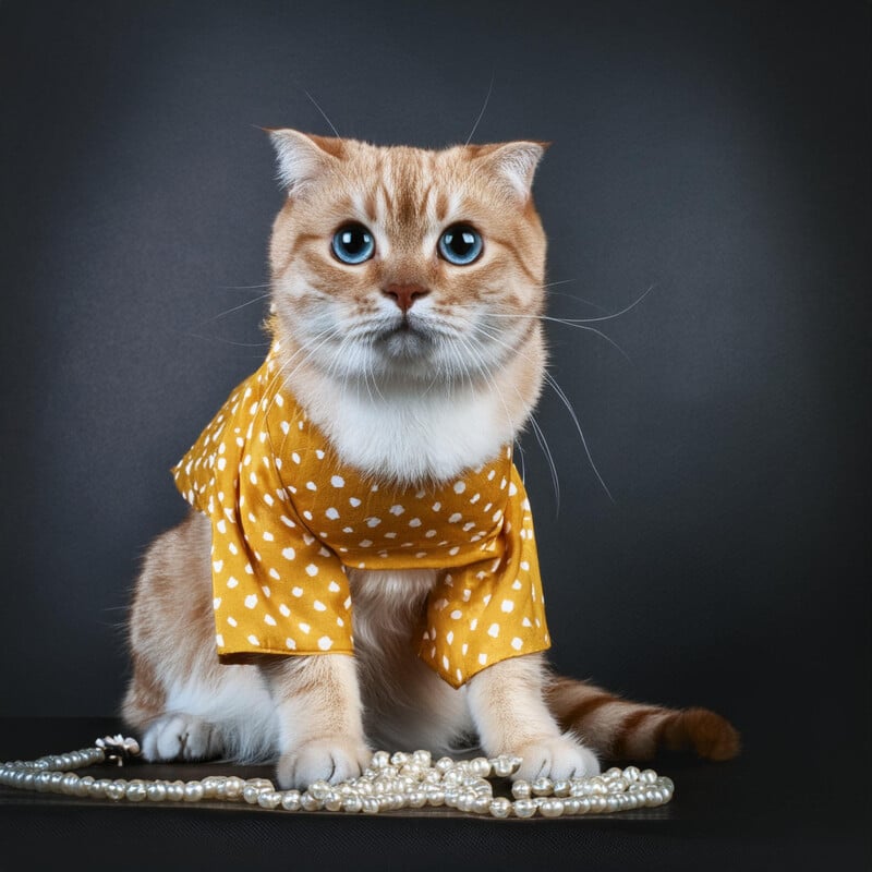 A golden brown cat with striking blue eyes sits on a dark backdrop, wearing a yellow polka-dot shirt, and surrounded by strands of pearls.