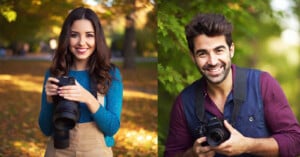 Two photographers in a park during autumn, smiling and holding cameras. the woman on the left has long hair and holds a large camera, and the man on the right, with stubble, holds a smaller camera.