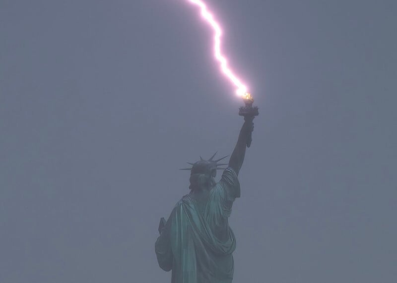 Statue of Liberty getting struck by lightning