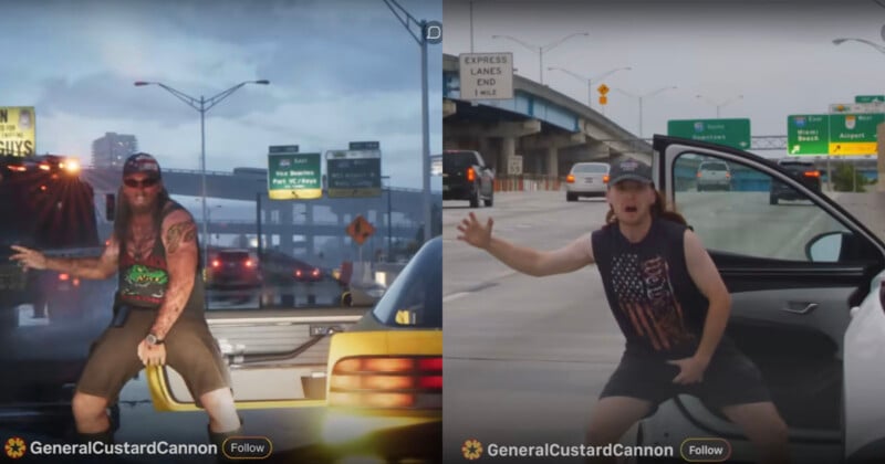 Split-screen image: left side shows a tattooed man on a motorcycle gesturing on a highway; right side depicts a woman sitting in a car, also gesturing, with open roads and traffic signs overhead.