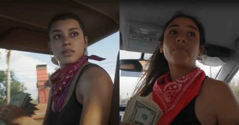 Split-screen image of two women in a car, each wearing red bandanas; on the left, a woman drives with a serious expression, on the right, a woman smiles holding cash.
