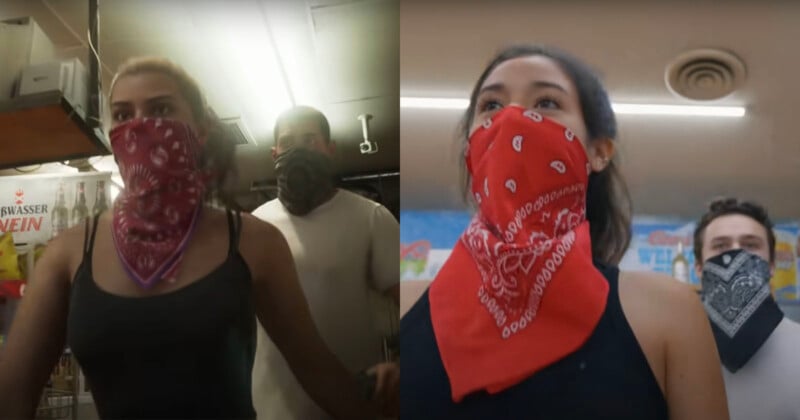 Two split-screen images of people in a store wearing bandanas over their faces, one side shows a woman in a black tank top with a red bandana, and the other a woman in a red bandana with a man behind in a black mask.