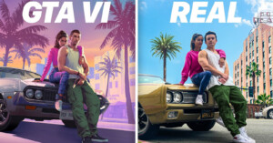 A side-by-side image contrasting a realistic scene and its imitation in the video game gta vi. both feature a man and a woman in casual wear, sitting on the hood of a yellow classic car under a sunny, palm-lined setting.