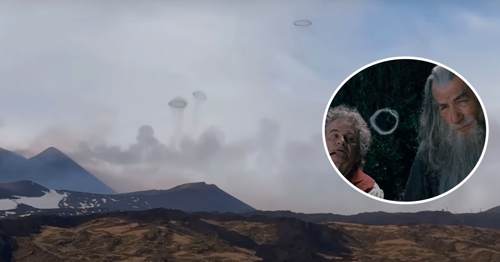 Composite image featuring a landscape with Mount Etna and three flying saucers in the sky, and an inset showing a close-up of gandalf the grey from "the lord of the rings," looking contemplative.