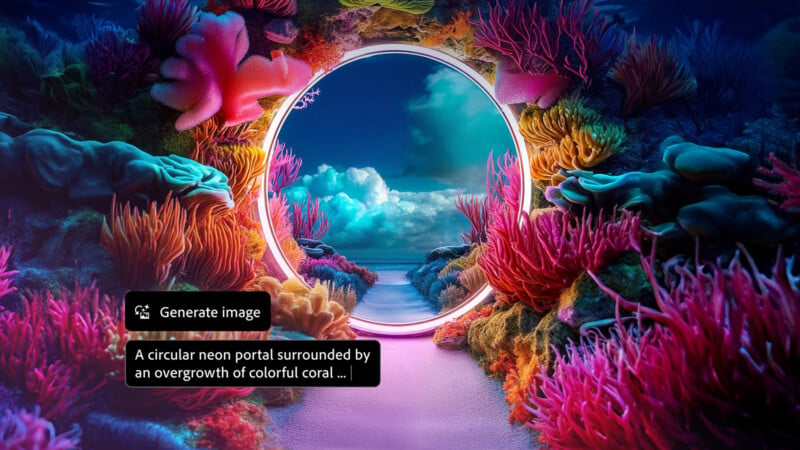 A circular neon portal surrounded by an overgrowth of colorful coral, opening onto a serene beach scene with fluffy clouds in the sky.