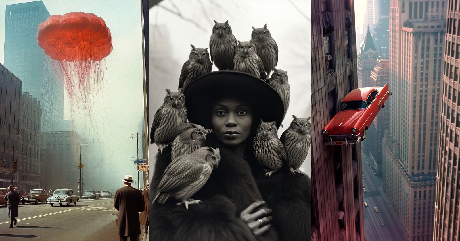 A triptych with surreal scenes: a jellyfish-like entity floats above a vintage city scene, a woman surrounded by perched owls, and a car vertically parked on a skyscraper.