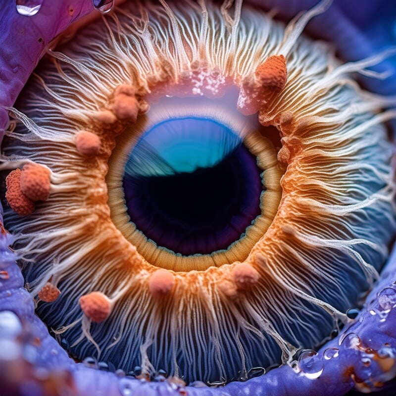 Close-up image of a marine invertebrate resembling an eye, with vibrant blue and orange colors, surrounded by tentacle-like structures and water droplets.