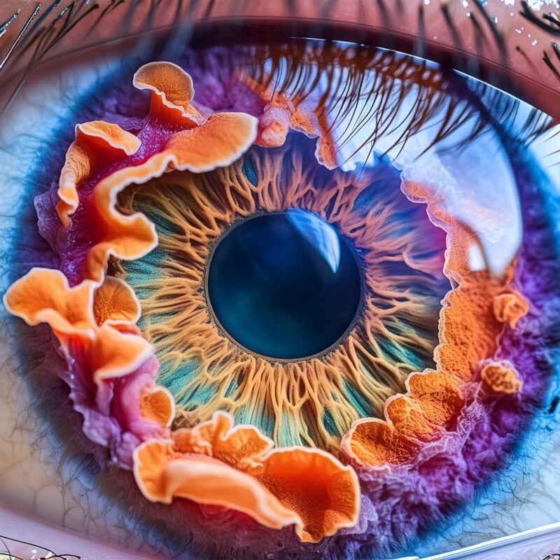 Close-up view of a human eye showing intricate details of the iris with vibrant blue and orange colors, surrounded by dark eyelashes.