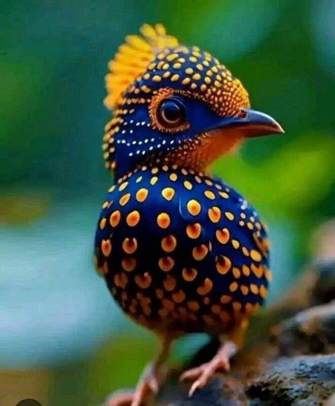 A vibrant spotted pitta bird with a blue face, orange beak, and speckled golden-brown body perched on a branch, against a blurred green background.