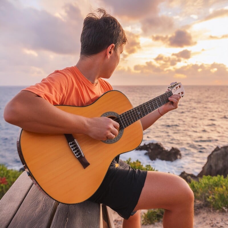 A man in an orange shirt plays an acoustic guitar while sitting on a wooden bench overlooking the ocean at sunset.
