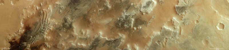Panoramic view of mars' surface featuring varied textures and colors, including ridges, valleys, and smooth areas, highlighting the diverse martian geology.