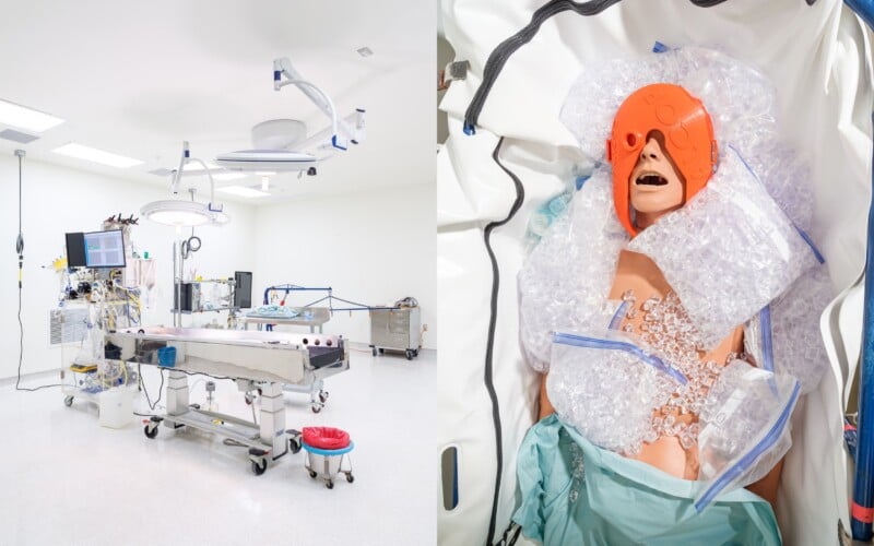 Image on left shows a clean, modern surgical room with various medical equipment. on the right, an artistic portrayal of a patient in surgery, covered with bubble wrap and plastic, for a surreal effect.