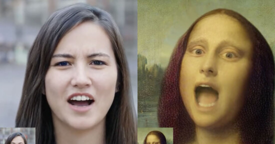 Split image comparing a modern woman speaking animatedly on the left with the mona lisa edited to have an open mouth expression on the right.