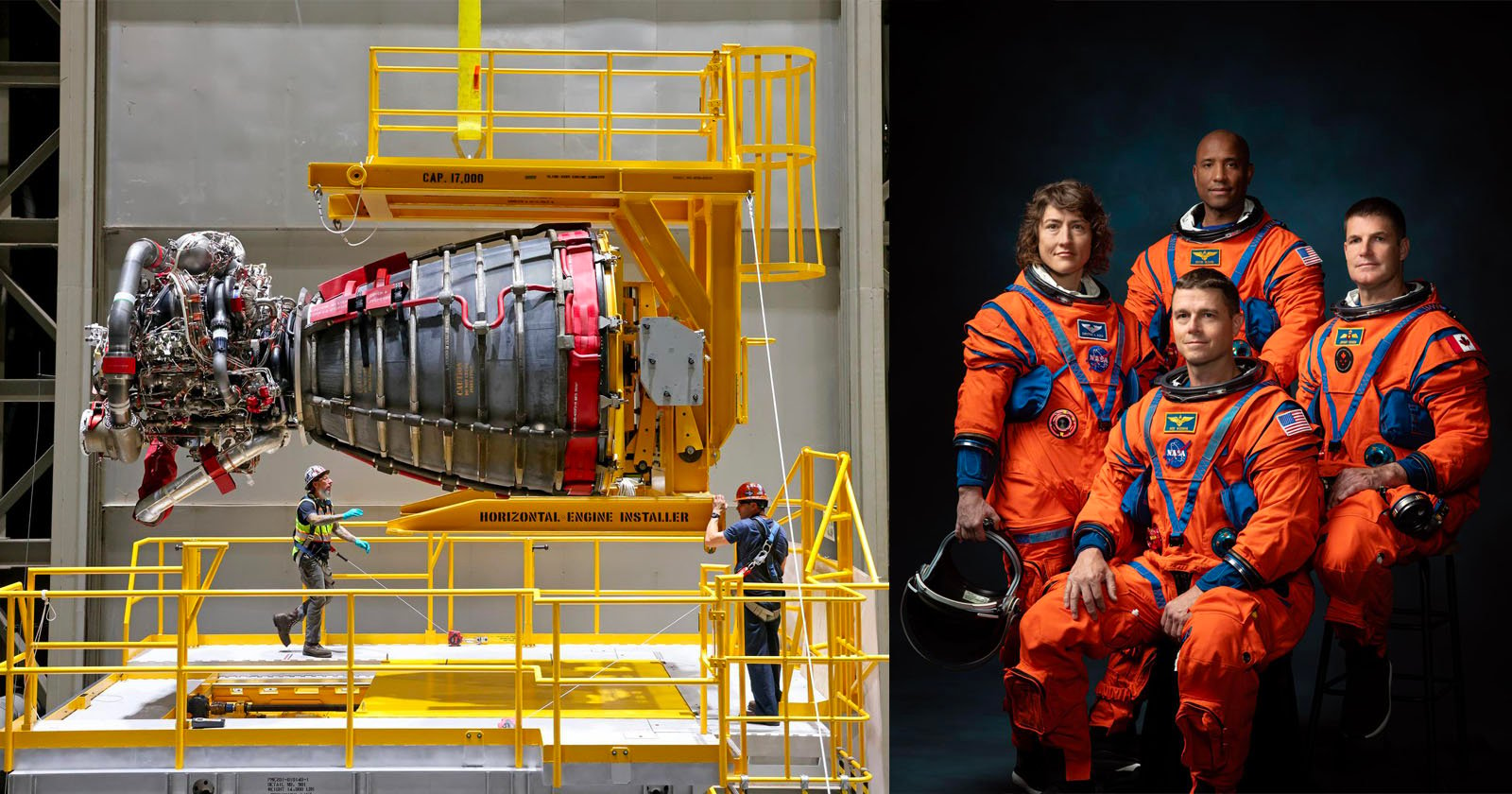 Five astronauts in orange suits standing confidently next to a spacecraft engine in a technical facility with industrial equipment and scaffolding.