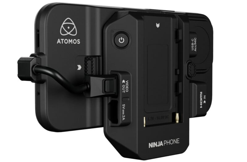 A black atomos ninja phone monitor-recorder mounted on a phone, displaying various ports, knobs, and labels, including hdmi, 12v-16v dc input, and ssd slot.