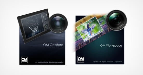 Two promotional graphics for om system software: "om capture" and "om workspace," each featuring a camera lens and vibrant digital images on computer screens, signifying photography and editing software.