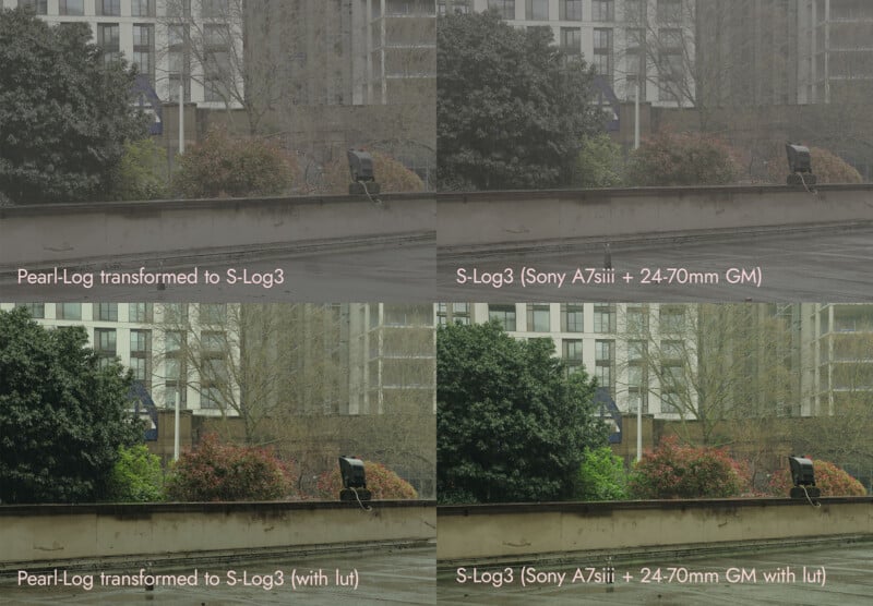 A grid of four photos compares different log settings using the Pearla camera app.