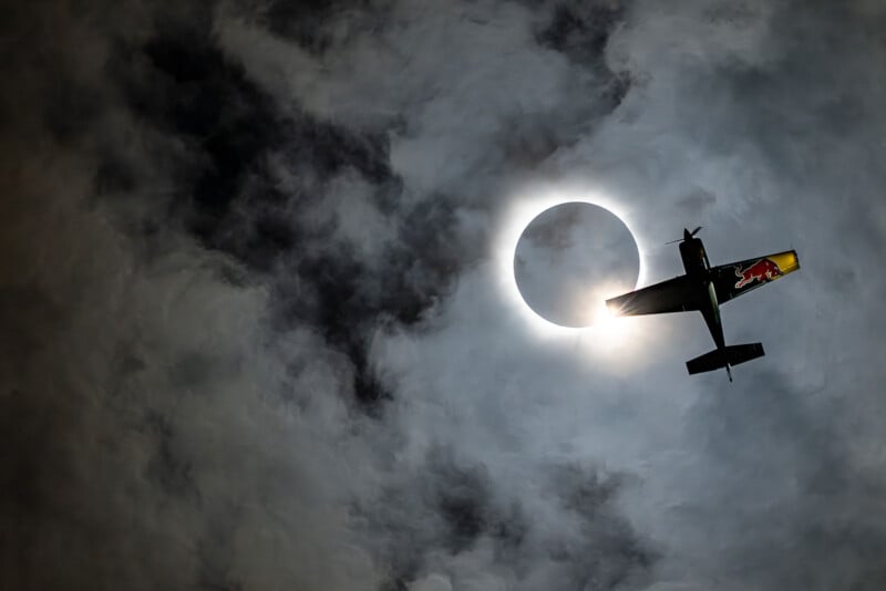 Kevin Coleman and Pete McLeod fly across the Total Solar Eclipse in Sulpher Springs, Texas, USA on April 8, 2024. 