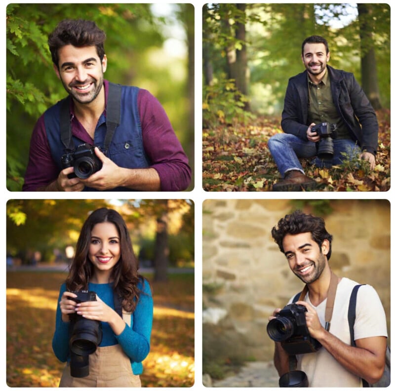 Four photographers smiling in an autumn park. top left: man with dark hair and beard, holding a camera. top right: same man sitting on leaves. bottom left: woman with long hair holding a camera. bottom right: same man with a different shirt and camera.