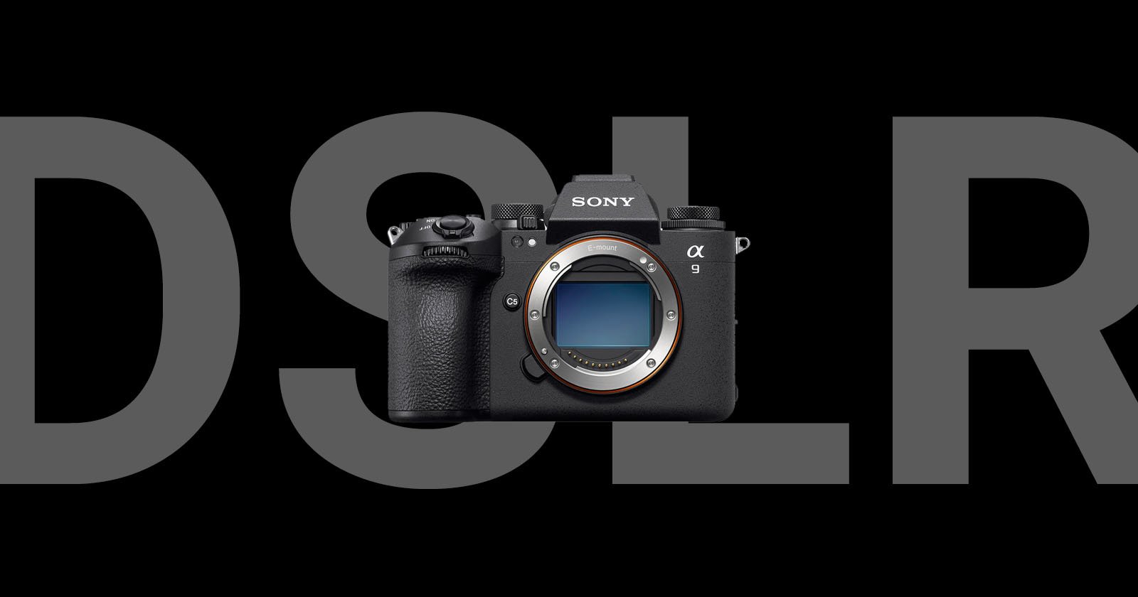 A sony alpha a9 mirrorless camera without a lens, displayed against a black background with the letters dslr in gray.