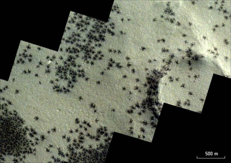 Composite satellite image showing a martian surface with numerous dark dune spots scattered across, and a scale at the bottom indicating 500 meters.