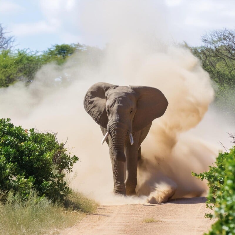 An elephant charges down a dusty path surrounded by lush greenery, creating a cloud of dust behind it under a clear blue sky.