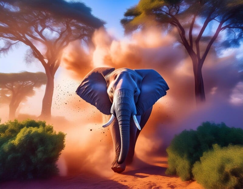 An elephant charges powerfully towards the viewer, stirring up dust under a vibrant, purple sky amidst a serene forest setting.