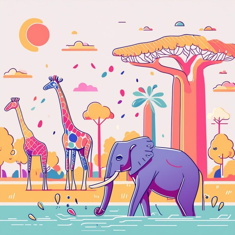 Colorful illustration of a whimsical safari scene with a sunlit sky, featuring a giraffe, an elephant, and baobab trees, stylized with vibrant, playful details.