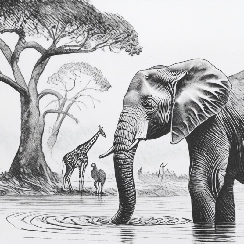 Black and white illustration of an elephant drinking water from a pond, with a giraffe and human figure in the background under trees.