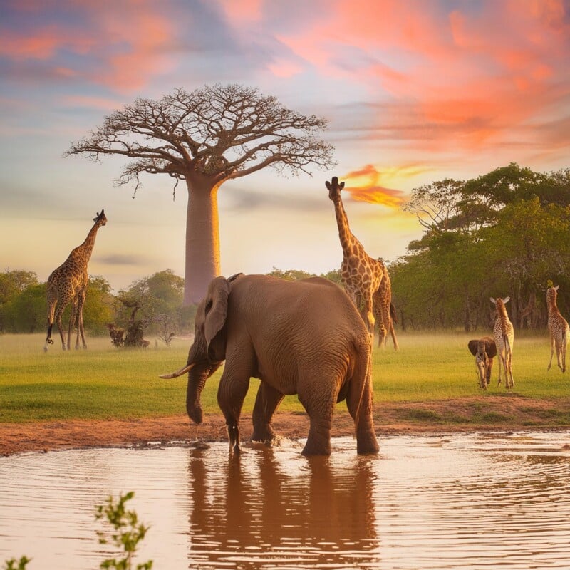 An elephant and several giraffes gather at a watering hole during a vibrant sunset, with a large baobab tree and colorful sky in the background.