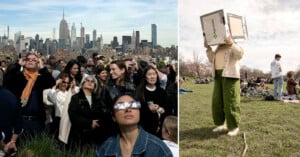 A crowd of people looks up at the eclipse wearing glasses with the New York City skyline in the back on the left. On the right, a person wears a homemade pinhole projector over their head.