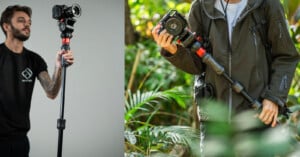 Split image showing two male photographers with equipment: on the left, a man records with a camera on a gimbal in a studio; on the right, a man carries a large camera on a monopod in a lush forest.