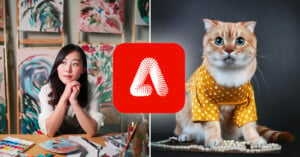 A woman sitting at a desk with art supplies, and a cat dressed in a yellow polka-dot shirt and pearls, next to them is the adobe logo.