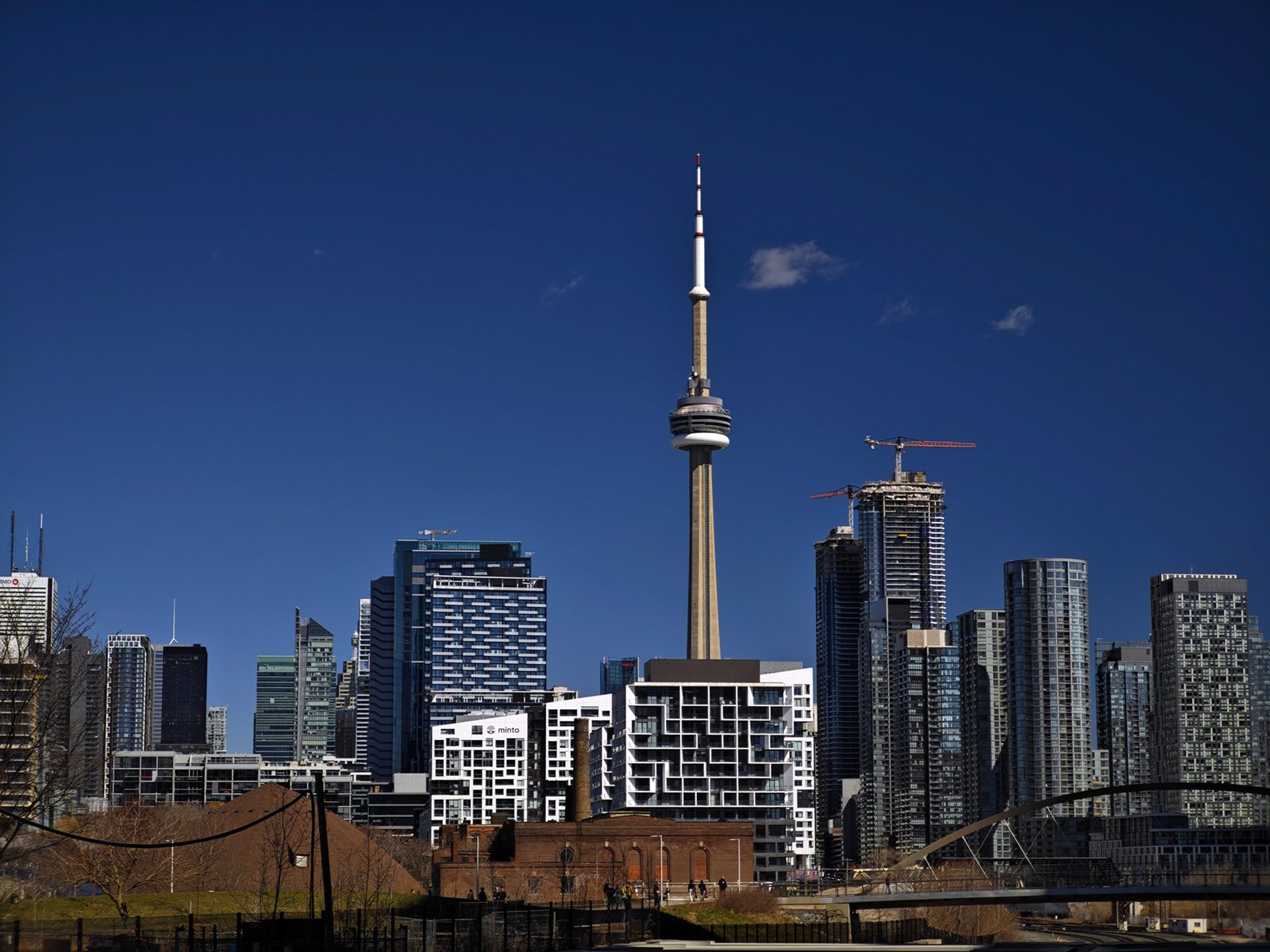 A panoramic view of toronto showcasing the cn tower amid surrounding skyscrapers under a clear blue sky.