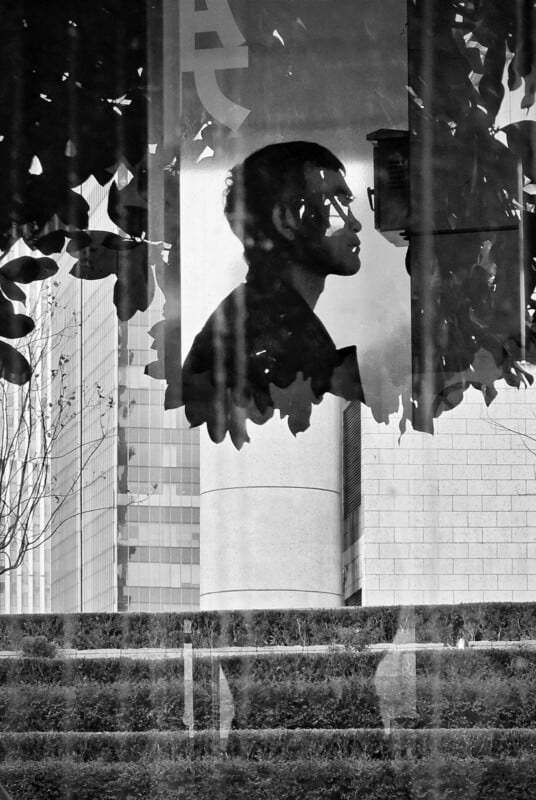 A face in profile seen in reflection.