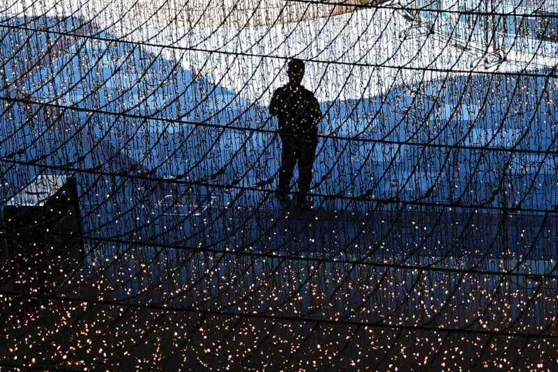 A person seen through netting.