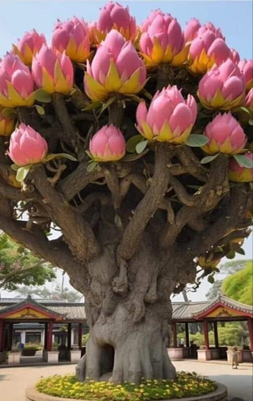 A large, distinct tree with a broad, gnarled trunk supporting a vibrant crown of oversized, pink lotus-like flowers, juxtaposed against a background of traditional eastern architectural structures.